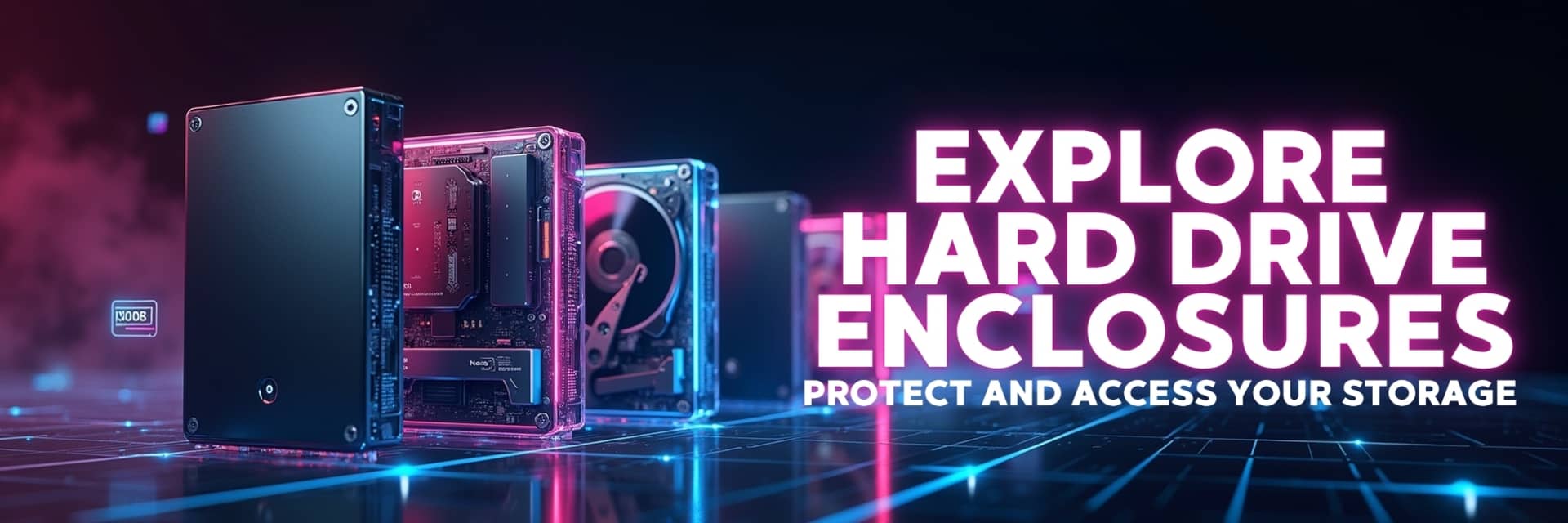 Hard drive enclosures banner showcasing USB and SATA enclosures for HDDs and SSDs in portable and durable designs – NovaTech South Africa.