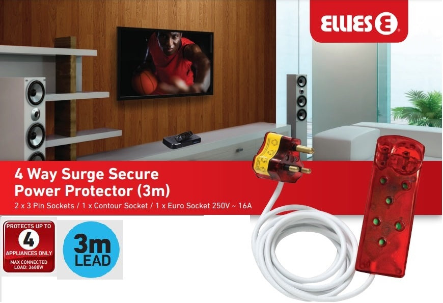 Ellies 4 Way Surge Secure Power Protector With 3 Metre Extension Cord - Renewable Power Solutions