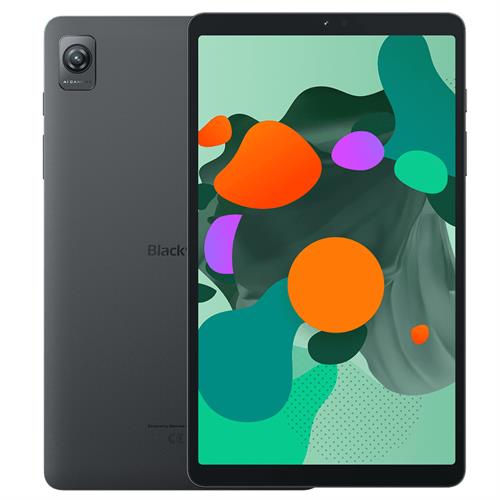Blackview Tab 60 Android tablet front and back view in slate gray with large display thin bezels and rear camera