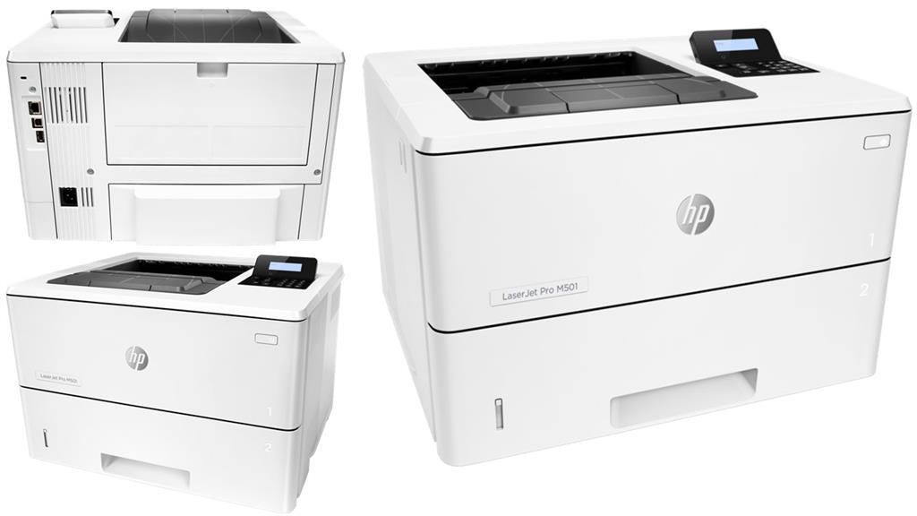 Esquire HP LaserJet Pro M501dn printer white monochrome office laser printer with control panel and paper tray views